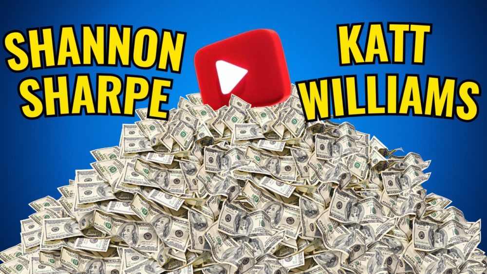 youtube logo on a pile of money with Shannon Sharpe and Katt Williams